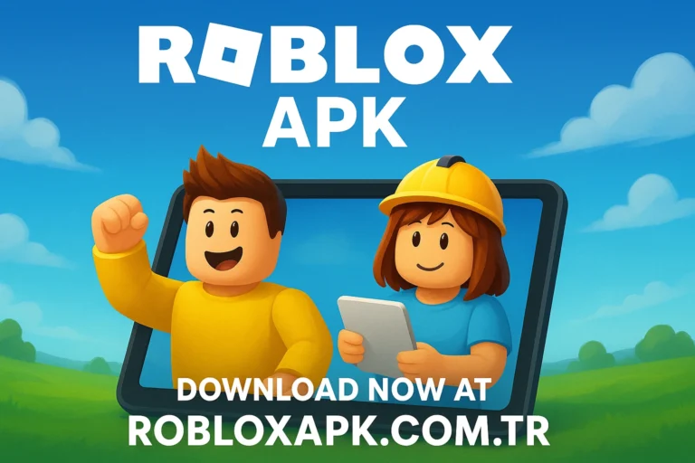 Colorful Roblox APK promotional illustration showing two Roblox characters emerging from a tablet with the text “Download Now at robloxapk.com.tr” against a bright blue sky background.